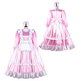 Fondcosplay Lockable Sissy Maid Crossdressing Pink Satin Long French Maid Dress Costume with Apron [G2254]