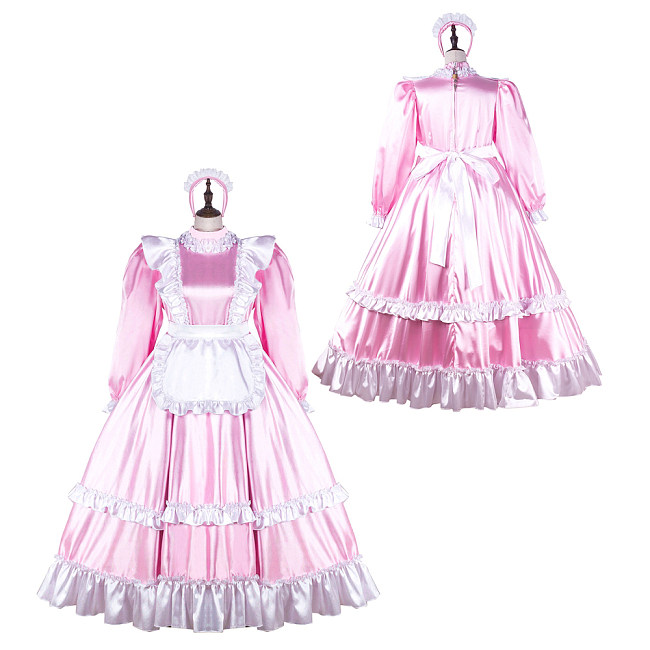 Fondcosplay Lockable Sissy Maid Crossdressing Pink Satin Long French Maid Dress Costume with Apron [G2254]
