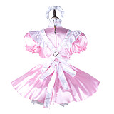 fondcosplay Lockable Pink White Satin Sissy Maid Dress Heart Apron Crossdressing Cosplay Costume [G2280]