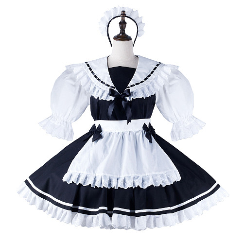fondcosplay Lockable Cotton Black and White Sissy Maid Crossdressing Dress with Sailor Collar and Headpiece [G2214]