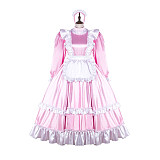 Fondcosplay Lockable Sissy Maid Crossdressing Pink Satin Long French Maid Dress Costume with Apron [G2254]