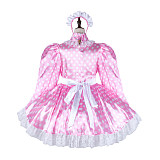 Fondcosplay Lockable Sissy Maid Crossdressing Pink Satin Polka Dot French Maid Dress Costume with Apron [G2265]
