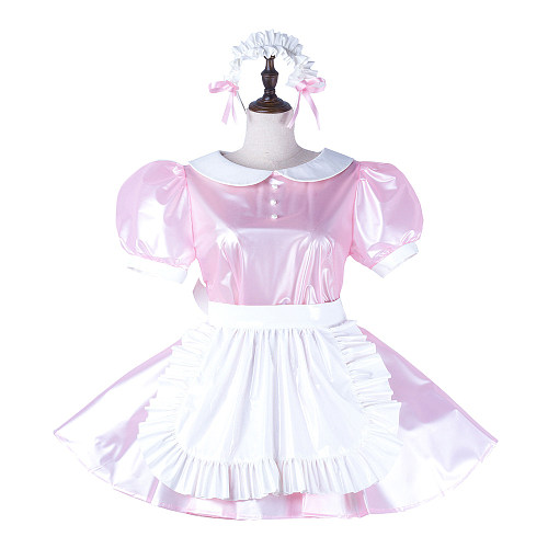 Fondcosplay Lockable Sissy Maid Crossdressing Pink Clear PVC French Maid Dress Costume with Apron [G2230]