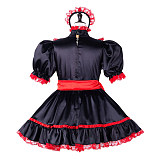 Fondcosplay Lockable Sissy Maid Crossdressing Black Satin French Maid Dress Costume with Red Lace [G2246]