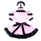 Fondcosplay Lockable Sissy Maid Crossdressing Pink Heavy PVC French Maid Dress Costume with Black Ruffle Apron [G2243]