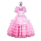Fondcosplay Lockable Sissy Maid Crossdressing Pink Satin and Organza Layered French Maid Dress Costume [G2259]