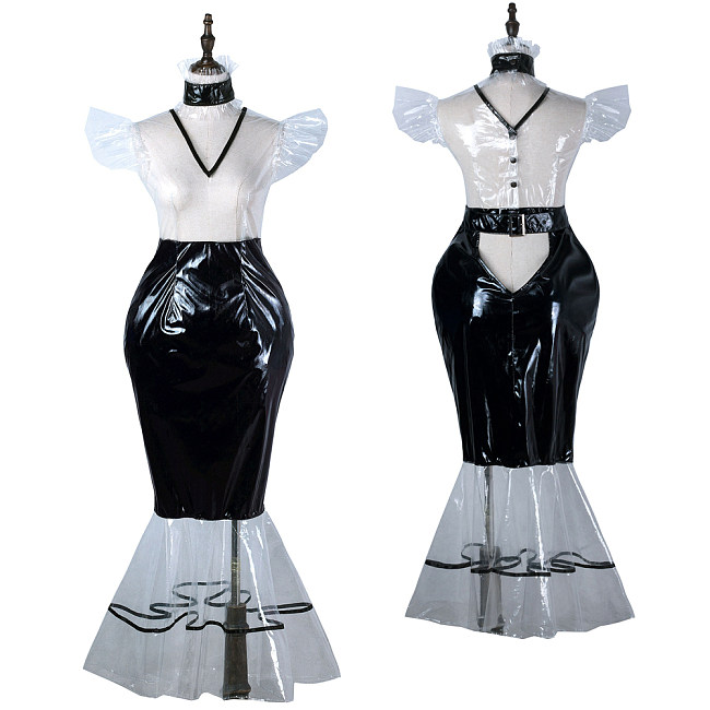 Fondcosplay Lockable Sissy Maid Crossdressing Black Clear PVC Mermaid Style Dress Costume [G2247]