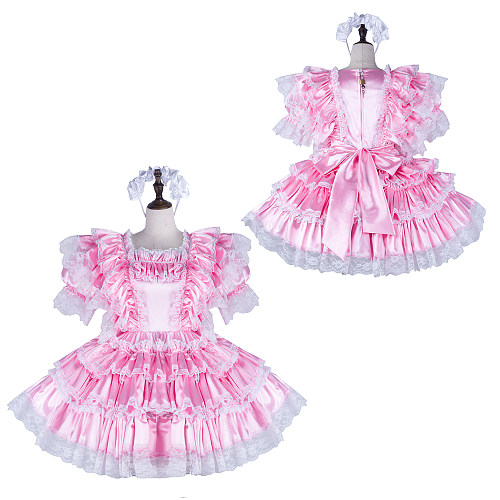 Fondcosplay Lockable Sissy Maid Crossdressing Pink Satin Frilly French Maid Dress Costume with Lace [G2263]