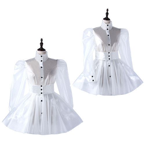 fondcosplay Clear PVC White Transparent Sissy Maid Crossdressing Dress with Button Front and Waist Belt [G2213]