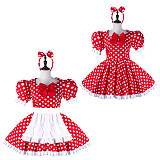 Fondcosplay Lockable Sissy Maid Crossdressing Red Cotton Polka Dot French Maid Dress Costume with Apron [G2239]