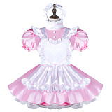 fondcosplay Lockable Pink White Satin Sissy Maid Dress Heart Apron Crossdressing Cosplay Costume [G2280]