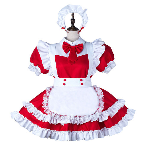 Fondcosplay Lockable Sissy Maid Crossdressing Red Cotton French Maid Dress Costume with Apron [G2248]