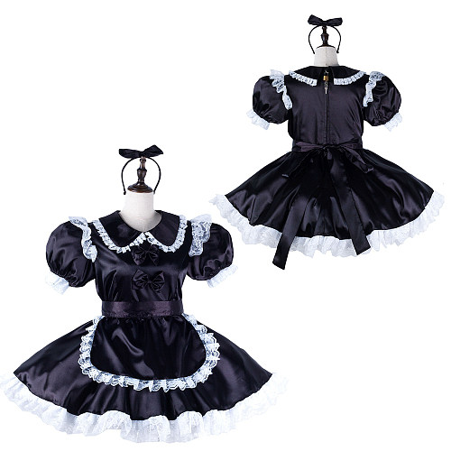 fondcosplay Lockable Satin Black Sissy Maid Crossdressing Dress with White Lace Apron and Headpiece [G2218]