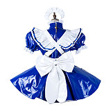 fondcosplay Lockable Heavy PVC Blue and White Sissy Maid Crossdressing Dress with Apron and Headpiece [G2209]