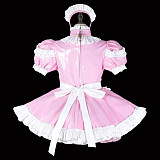 Fondcosplay Lockable Sissy Maid Crossdressing Pink Heavy PVC French Maid Dress Costume with Apron [G2242]
