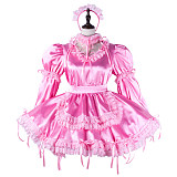 fondcosplay Lockable Satin Pink Sissy Maid Crossdressing Dress with Lace Apron and Headpiece [G2215]