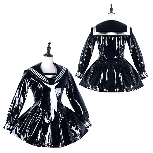 Fondcosplay Sissy Crossdressing Black Heavy PVC Sailor Style Dress School Uniform Costume [G2237]