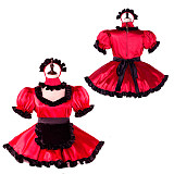 Fondcosplay Lockable Sissy Maid Crossdressing Red Satin French Maid Dress Costume with Black Apron [G2260]