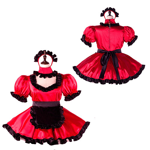 Fondcosplay Lockable Sissy Maid Crossdressing Red Satin French Maid Dress Costume with Black Apron [G2260]