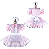 fondcosplay Lockable Pink White Satin Sissy Maid Dress Bow Crossdressing Cosplay Costume [G2279]