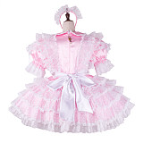 Fondcosplay Lockable Sissy Maid Pink Satin and Lace Frilly French Maid Dress Costume [G2271]
