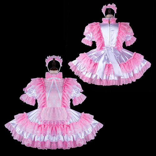 fondcosplay Lockable Pink White Satin Sissy Maid Dress Crossdressing Cosplay Costume [G2274]