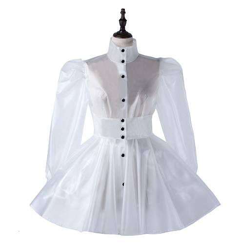 fondcosplay Clear PVC White Transparent Sissy Maid Crossdressing Dress with Button Front and Waist Belt [G2213]