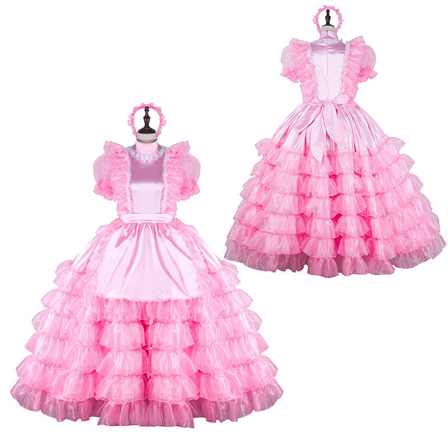 Fondcosplay Lockable Sissy Maid Crossdressing Pink Satin and Organza Layered French Maid Dress Costume [G2259]