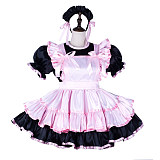 Fondcosplay Lockable Sissy Maid Crossdressing Black Satin French Maid Dress Costume with Pink Apron [G2250]