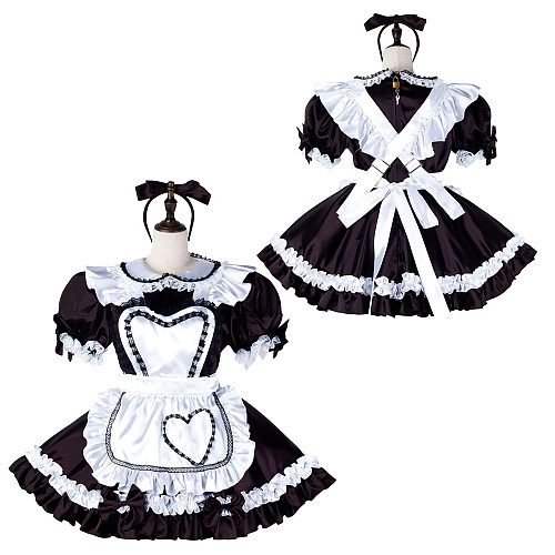 Fondcosplay Lockable Sissy Maid Crossdressing Black Satin French Maid Dress Costume with Heart Apron [G2235]