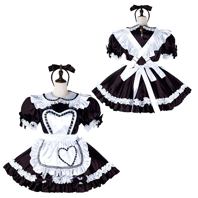 Fondcosplay Lockable Sissy Maid Crossdressing Black Satin French Maid Dress Costume with Heart Apron [G2235]