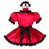 Fondcosplay Lockable Sissy Maid Crossdressing Red Satin French Maid Dress Costume with Black Apron [G2260]