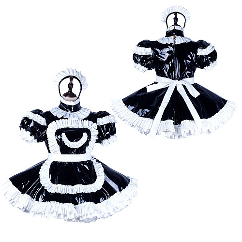 Fondcosplay Lockable Sissy Maid Crossdressing Black Thin PVC French Maid Dress Costume with Apron [G2245]