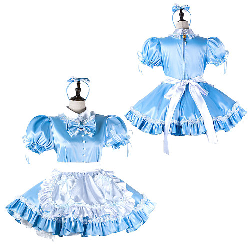 fondcosplay Lockable Satin Sky Blue Sissy Maid Crossdressing Dress with White Lace Apron and Bow Headpiece [G2219]