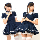 Fondcosplay Sissy Maid Crossdressing Navy Blue Cotton French Maid Dress Costume with Apron [G2225]