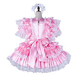 Fondcosplay Lockable Sissy Maid Crossdressing Pink Satin Frilly French Maid Dress Costume with Lace [G2263]