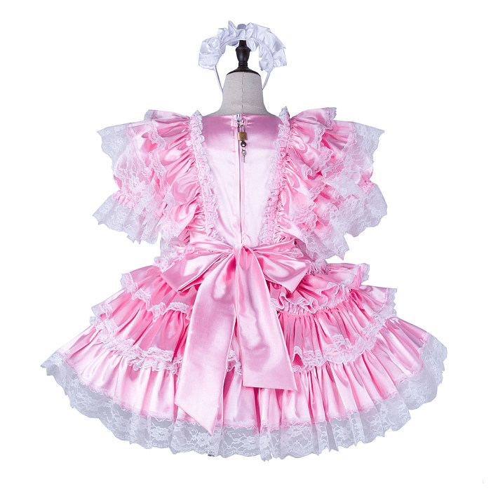 open lace back dress Cute Pink Black Lolita Cosplay Ruffle Maid Dress Dress + Apron + Bows + Hair ACC + Sleeve Cuffs / L main image 1