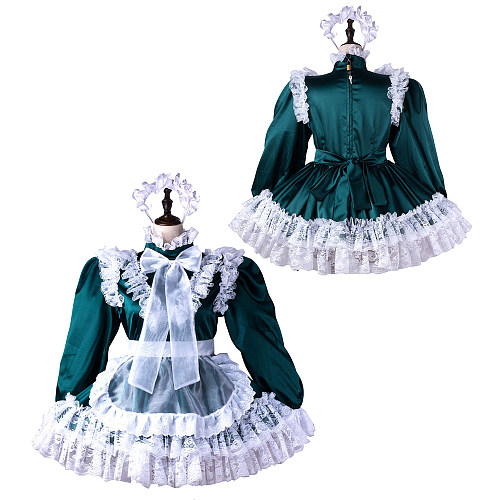 Fondcosplay Lockable Sissy Maid Crossdressing Dark Green Satin French Maid Dress Costume with Lace Apron [G2241]