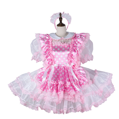 Fondcosplay Lockable Sissy Maid Crossdressing Pink Polka Dot Satin and Organza French Maid Dress Costume [G2270]