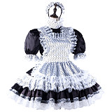 fondcosplay Lockable Satin Black and White Polka Dot Sissy Maid Crossdressing Dress with Lace Apron and Headpiece [G2216]