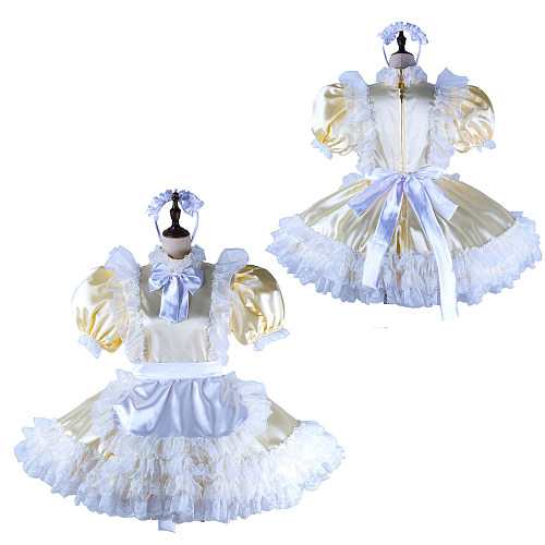 fondcosplay Lockable Satin Cream Yellow Sissy Maid Crossdressing Dress with White Lace Apron and Headpiece [G2217]
