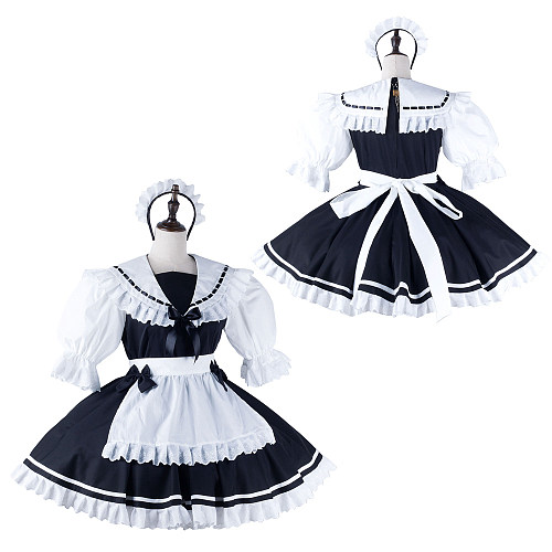 fondcosplay Lockable Cotton Black and White Sissy Maid Crossdressing Dress with Sailor Collar and Headpiece [G2214]