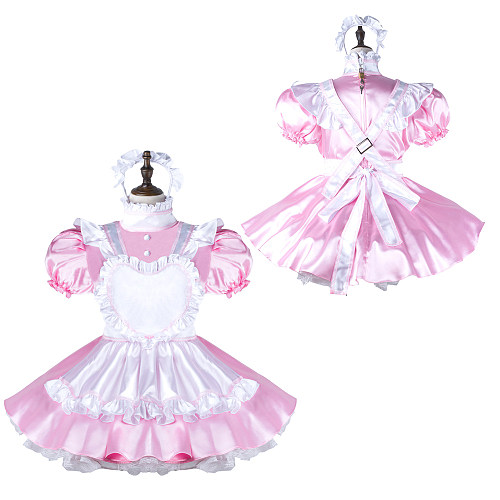fondcosplay Lockable Pink White Satin Sissy Maid Dress Heart Apron Crossdressing Cosplay Costume [G2280]
