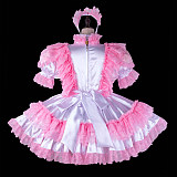 fondcosplay Lockable Pink White Satin Sissy Maid Dress Crossdressing Cosplay Costume [G2274]