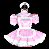 Fondcosplay Lockable Sissy Maid Crossdressing Pink Heavy PVC French Maid Dress Costume with Apron [G2242]