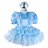 Fondcosplay Lockable Sissy Maid Crossdressing Blue Satin French Maid Dress Costume with Lace Apron [G2269]