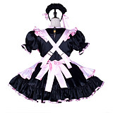 Fondcosplay Lockable Sissy Maid Crossdressing Black Satin French Maid Dress Costume with Pink Apron [G2250]