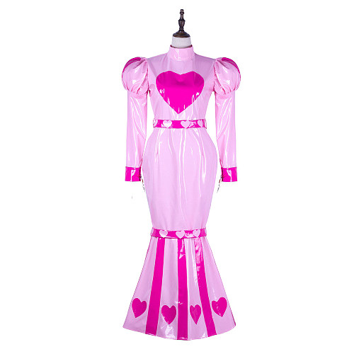 Fondcosplay Lockable Sissy Crossdressing Pink Heavy PVC Mermaid Style Heart Print Dress Costume [G2255]