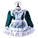 Fondcosplay Lockable Sissy Maid Crossdressing Dark Green Satin French Maid Dress Costume with Lace Apron [G2241]