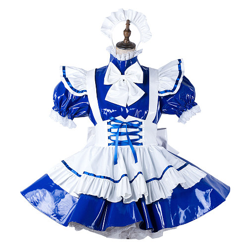 fondcosplay Lockable Heavy PVC Blue and White Sissy Maid Crossdressing Dress with Apron and Headpiece [G2209]